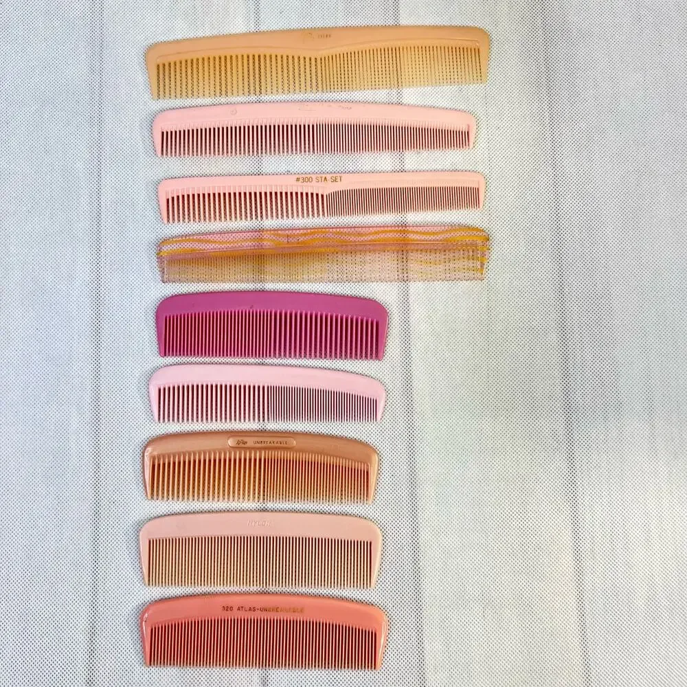 Rexall Nylon Vintage Hair Combs Set of 9 1950s Unbreakable Barber Salon Pink